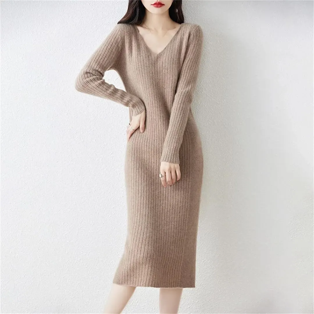 Women’S Merino Wool Dresses V-Neck Long Sleeve Mid-Calf Sheath Silhouette Office Lady Knit Pullover Sweater Dresses