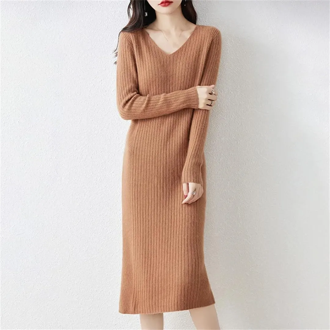 Women’S Merino Wool Dresses V-Neck Long Sleeve Mid-Calf Sheath Silhouette Office Lady Knit Pullover Sweater Dresses