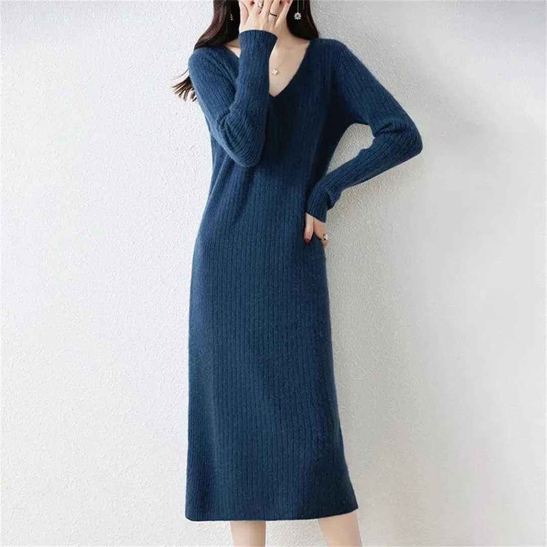 Women’S Merino Wool Dresses V-Neck Long Sleeve Mid-Calf Sheath Silhouette Office Lady Knit Pullover Sweater Dresses