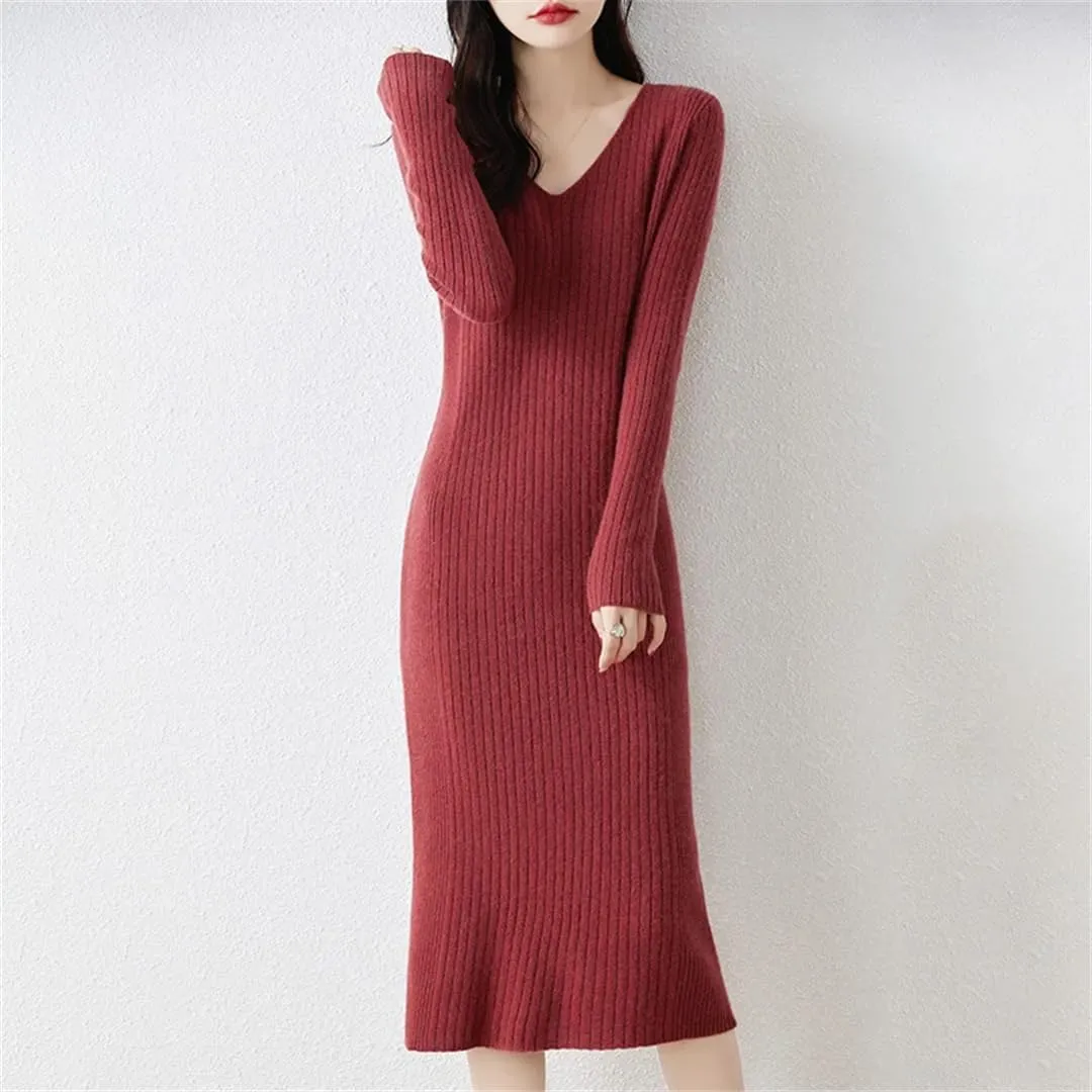 Women’S Merino Wool Dresses V-Neck Long Sleeve Mid-Calf Sheath Silhouette Office Lady Knit Pullover Sweater Dresses
