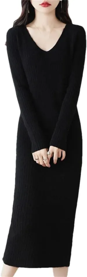 Women’S Merino Wool Dresses V-Neck Long Sleeve Mid-Calf Sheath Silhouette Office Lady Knit Pullover Sweater Dresses