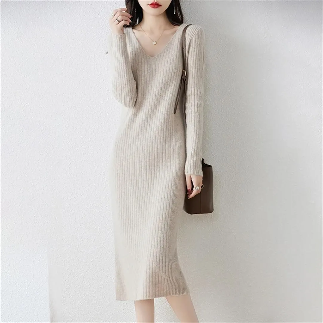 Women’S Merino Wool Dresses V-Neck Long Sleeve Mid-Calf Sheath Silhouette Office Lady Knit Pullover Sweater Dresses
