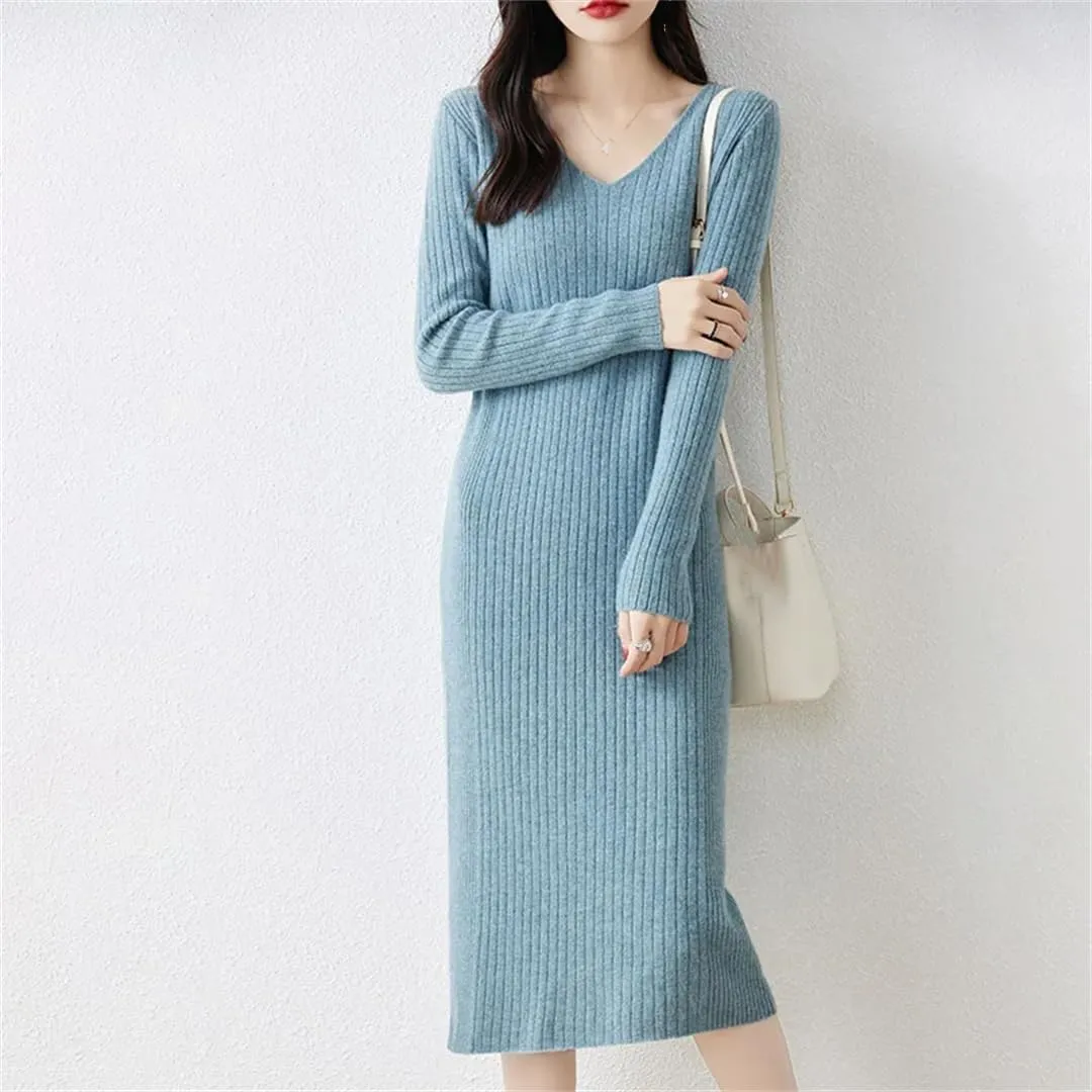 Women’S Merino Wool Dresses V-Neck Long Sleeve Mid-Calf Sheath Silhouette Office Lady Knit Pullover Sweater Dresses
