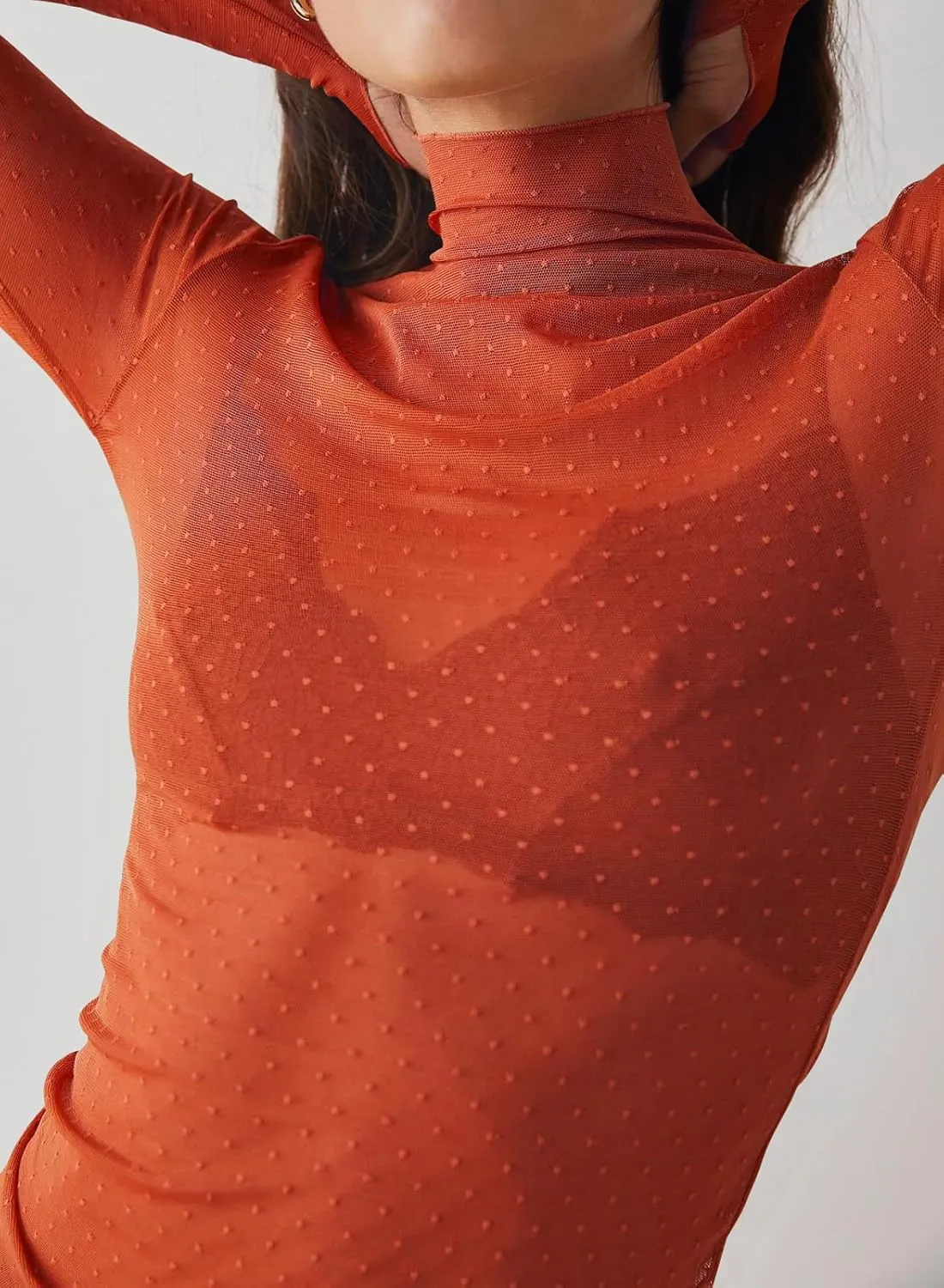 Womens Mesh Sheer Lace Laying Top Mock Neck Long Sleeve Polka Dot See Through Shirt Blouses Tops