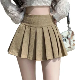 Women's Retro Corduroy Pleated Skirt High Waist Casual Vintage School Short Saias