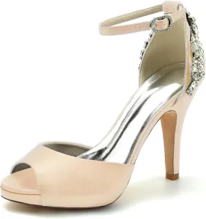 Women's Rhinestones Heels Satin Wedding Bridal Shoes Peep Toe Fish Mouth Dress Ankle Strap Pumps Sandal