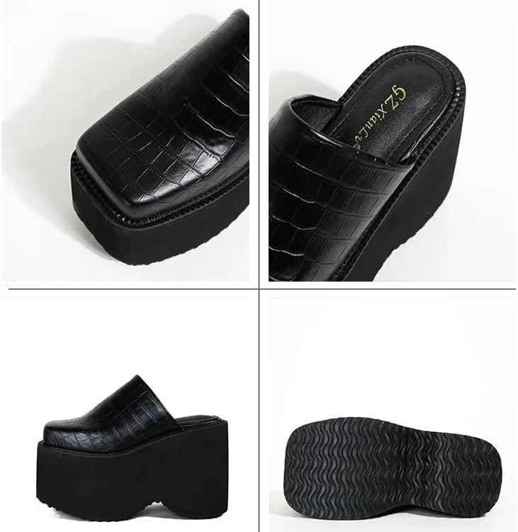 Women's Slip on Platform Mules, Closed Toe Slide Sandals, Chunky High Heel Slipper Mule Shoes