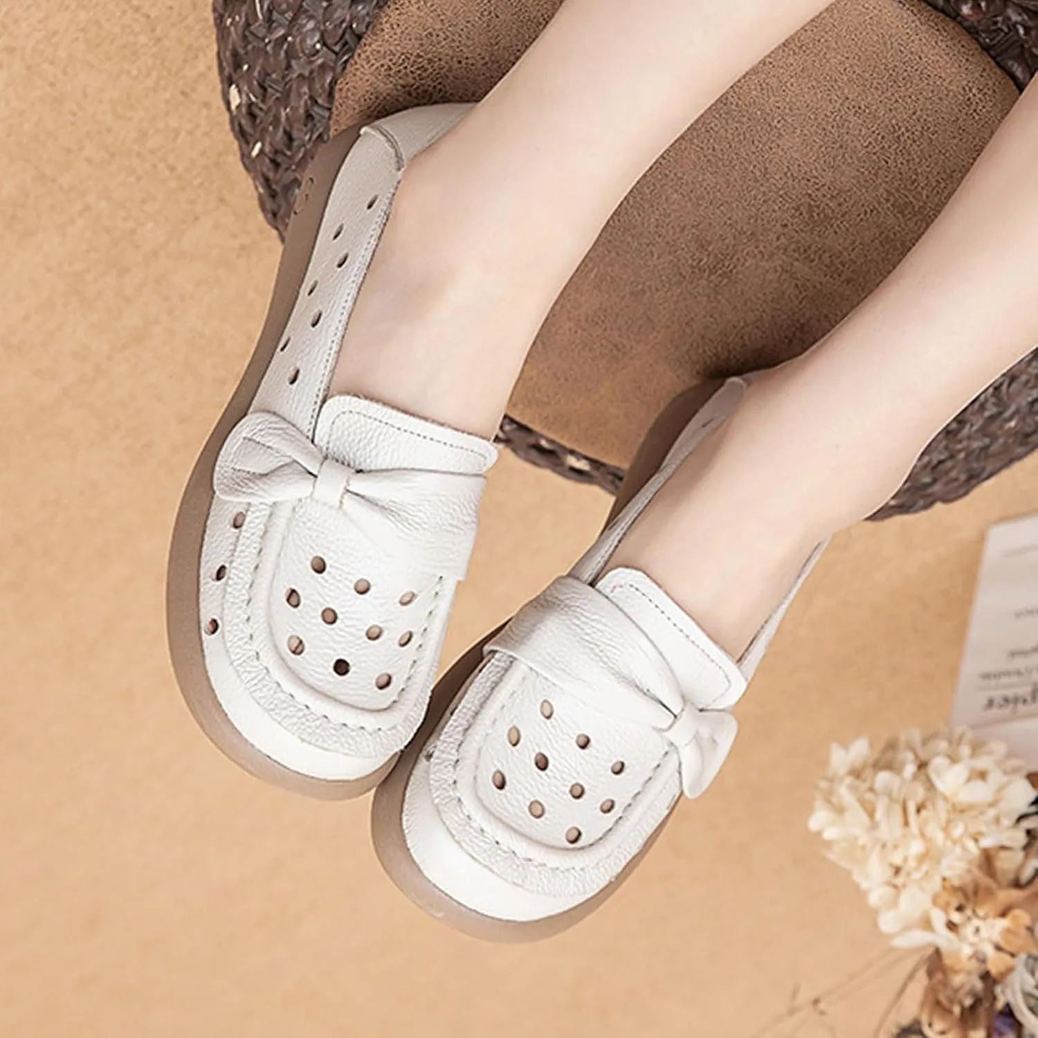 Women's Summer Leather Penny Loafers,Vintage Comfy Round Toe Cutout Breathe Slip On Softsole Flat Dress Casual Shoes
