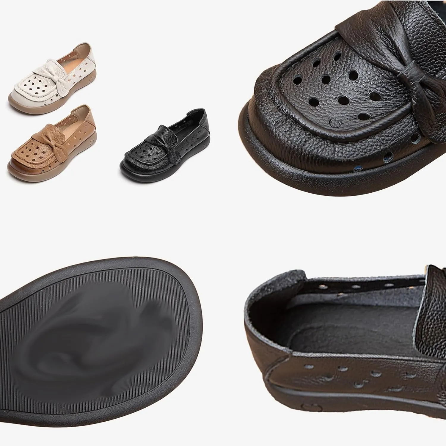 Women's Summer Leather Penny Loafers,Vintage Comfy Round Toe Cutout Breathe Slip On Softsole Flat Dress Casual Shoes