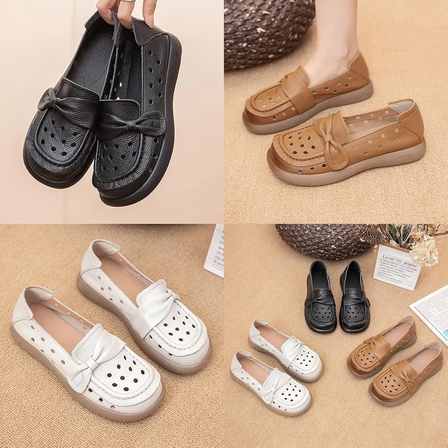 Women's Summer Leather Penny Loafers,Vintage Comfy Round Toe Cutout Breathe Slip On Softsole Flat Dress Casual Shoes