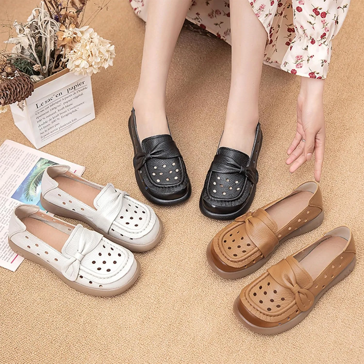 Women's Summer Leather Penny Loafers,Vintage Comfy Round Toe Cutout Breathe Slip On Softsole Flat Dress Casual Shoes