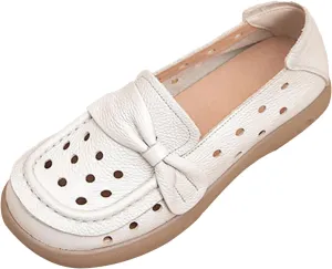Women's Summer Leather Penny Loafers,Vintage Comfy Round Toe Cutout Breathe Slip On Softsole Flat Dress Casual Shoes