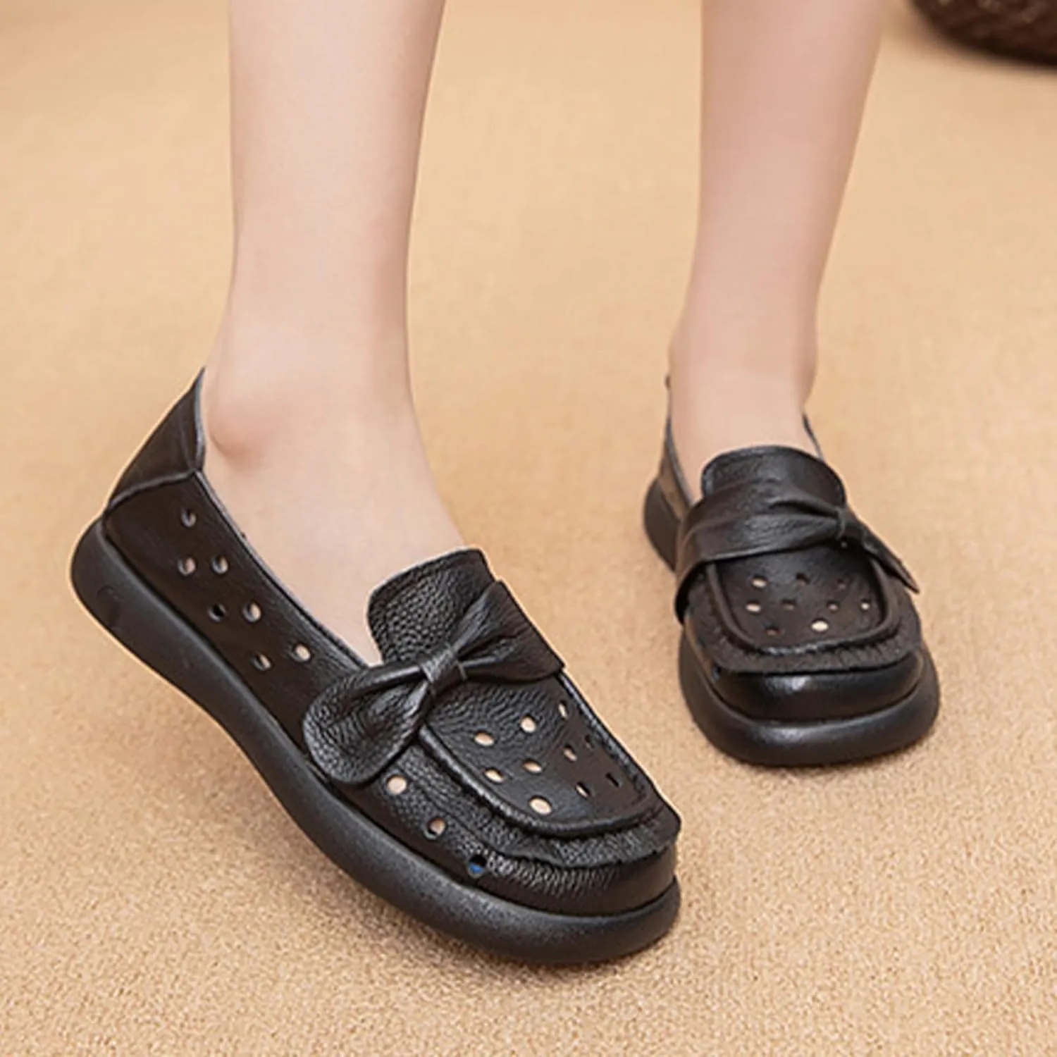 Women's Summer Leather Penny Loafers,Vintage Comfy Round Toe Cutout Breathe Slip On Softsole Flat Dress Casual Shoes