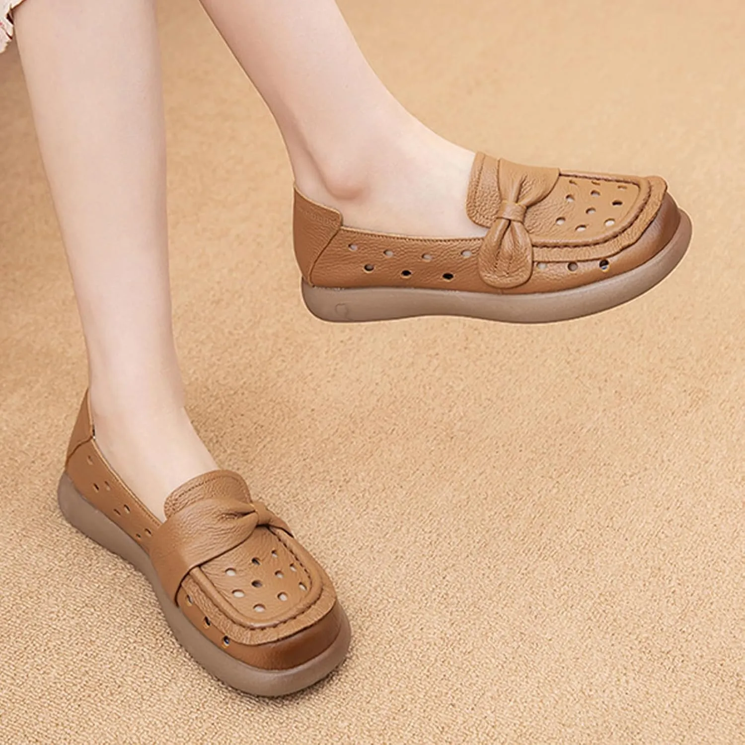 Women's Summer Leather Penny Loafers,Vintage Comfy Round Toe Cutout Breathe Slip On Softsole Flat Dress Casual Shoes