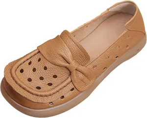 Women's Summer Leather Penny Loafers,Vintage Comfy Round Toe Cutout Breathe Slip On Softsole Flat Dress Casual Shoes