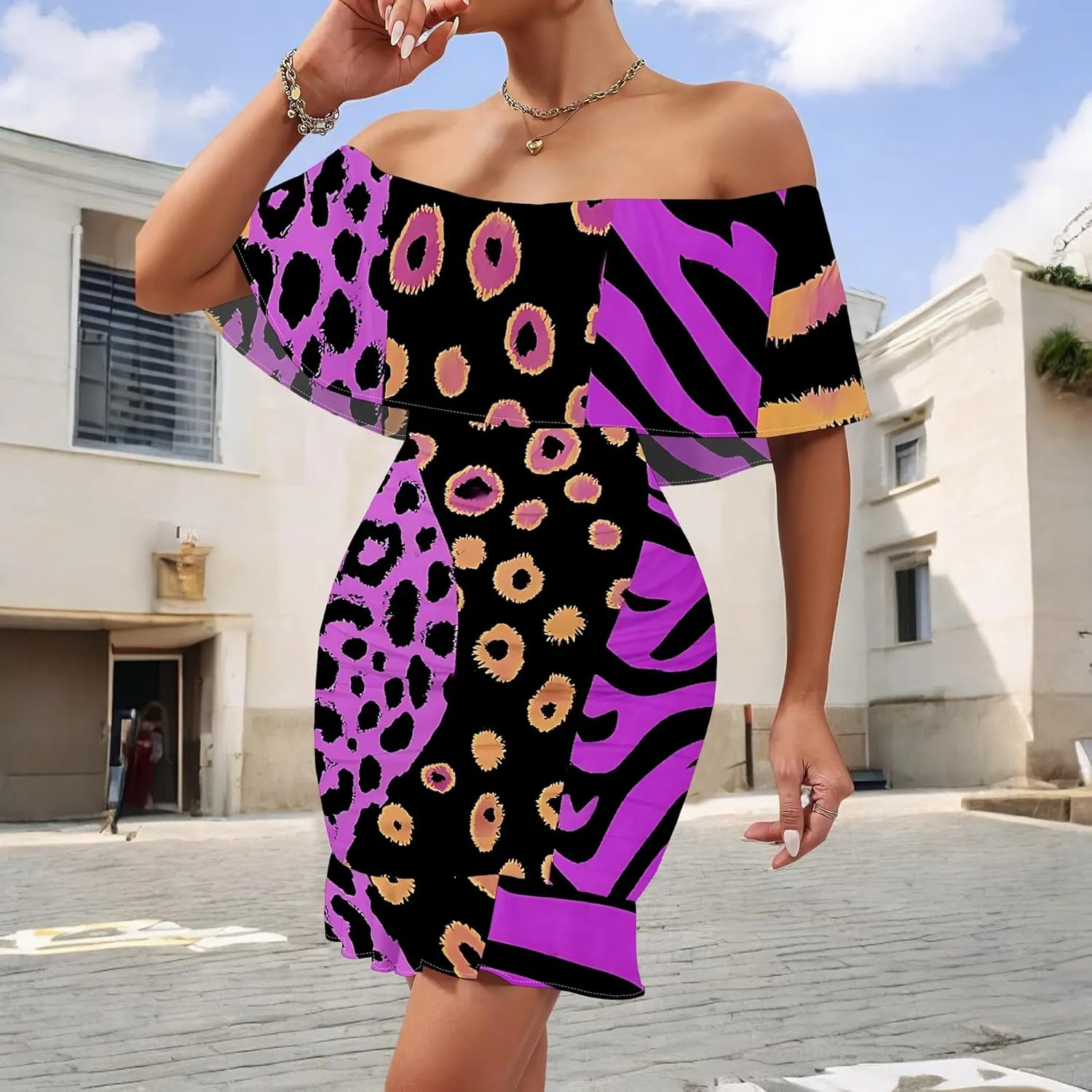 Women's Summer Ruffle Slim Fit Strapless Off Shoulder Short Sleeve Mini Dress African Print Cocktail Party Bodycon Dresses
