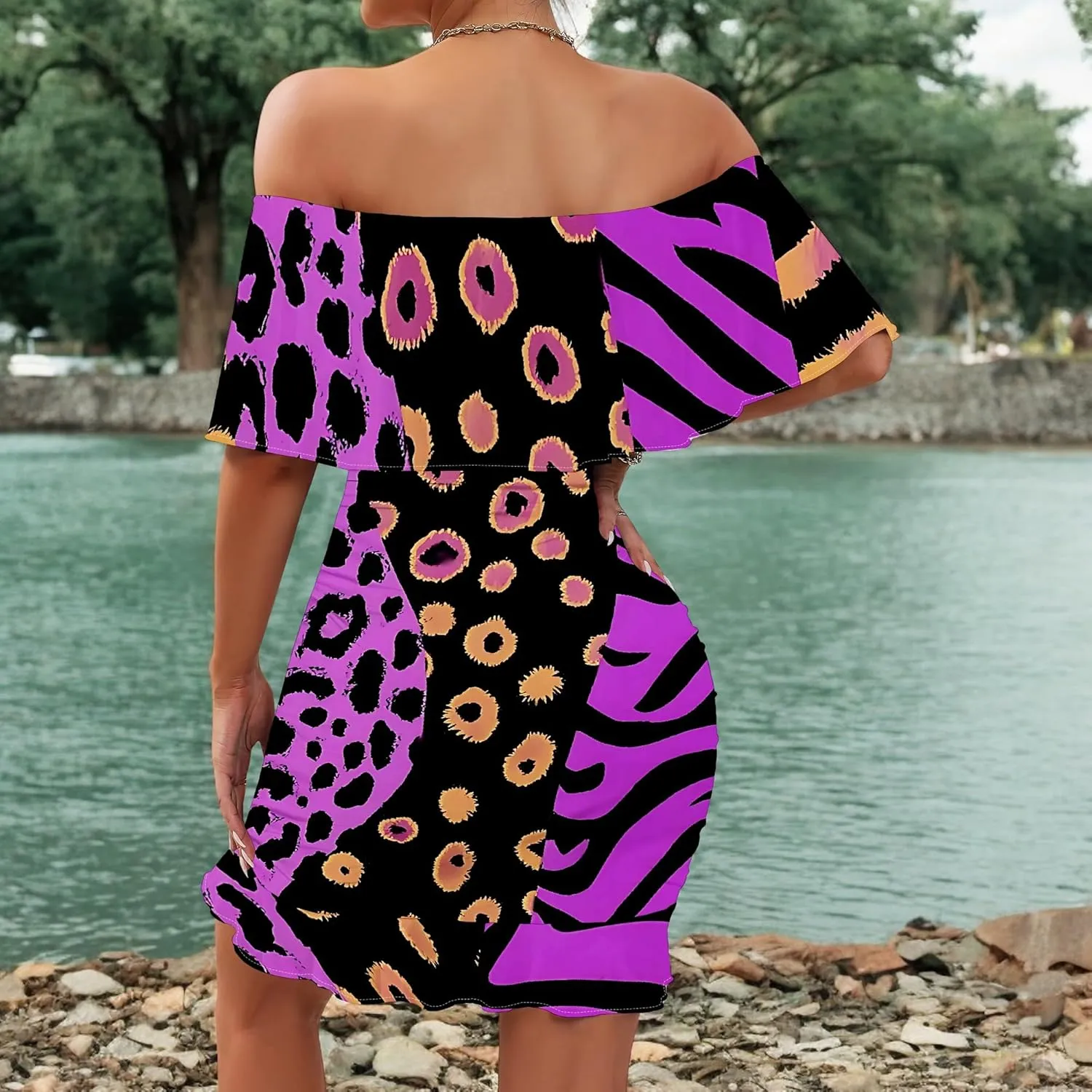 Women's Summer Ruffle Slim Fit Strapless Off Shoulder Short Sleeve Mini Dress African Print Cocktail Party Bodycon Dresses
