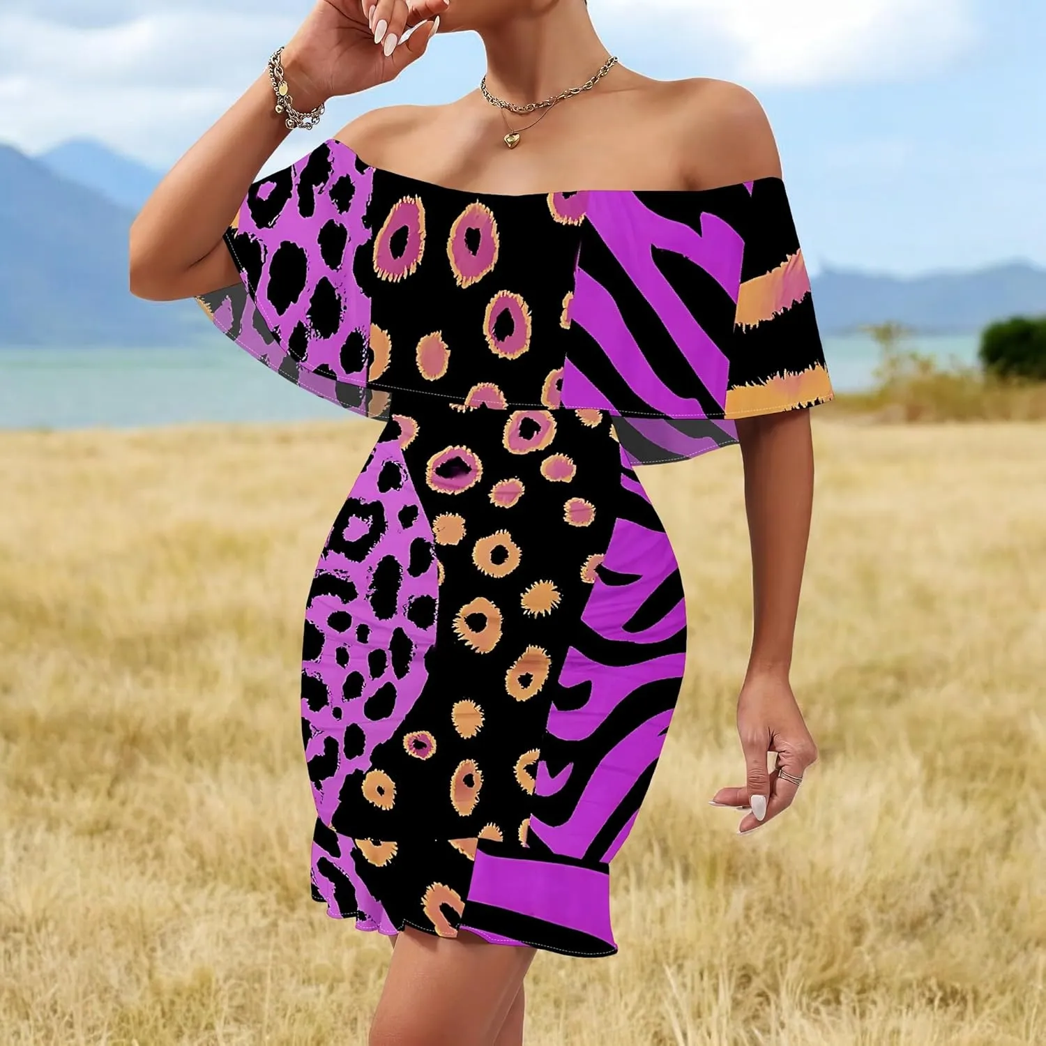 Women's Summer Ruffle Slim Fit Strapless Off Shoulder Short Sleeve Mini Dress African Print Cocktail Party Bodycon Dresses
