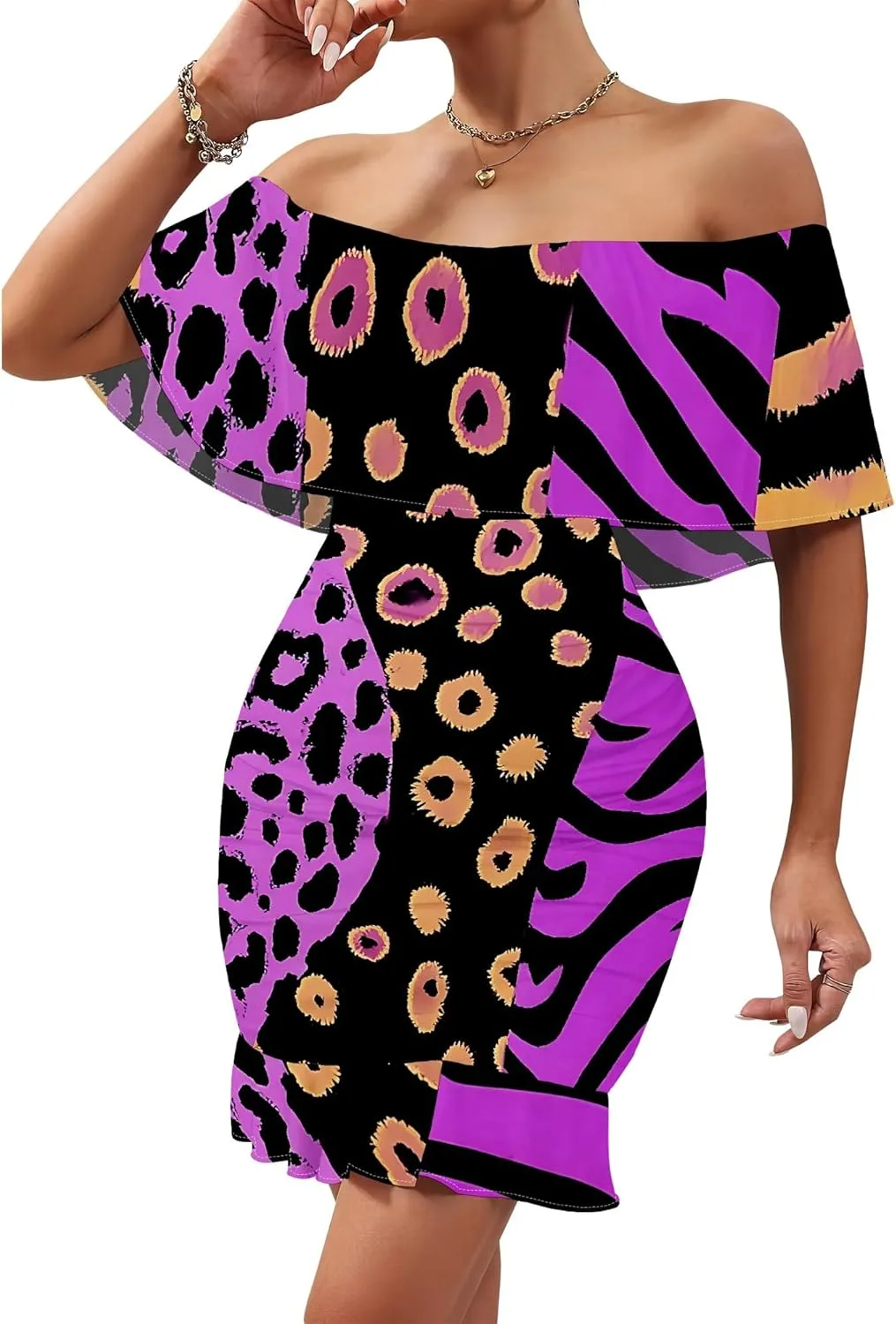 Women's Summer Ruffle Slim Fit Strapless Off Shoulder Short Sleeve Mini Dress African Print Cocktail Party Bodycon Dresses
