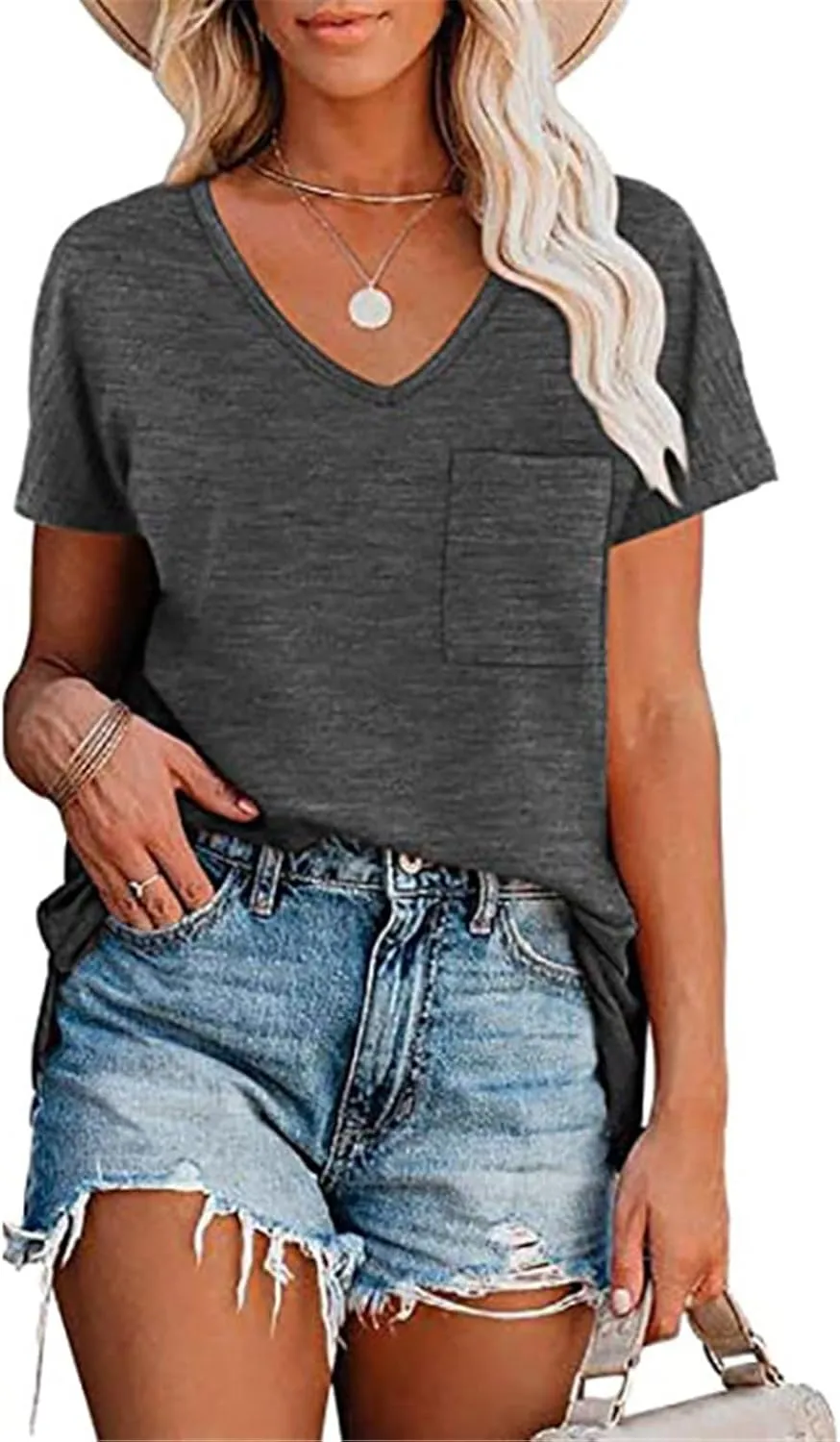 Women's Summer V-Neck Slim T-Shirt Loose Cotton Short Sleeve Tops Casual Urban Style