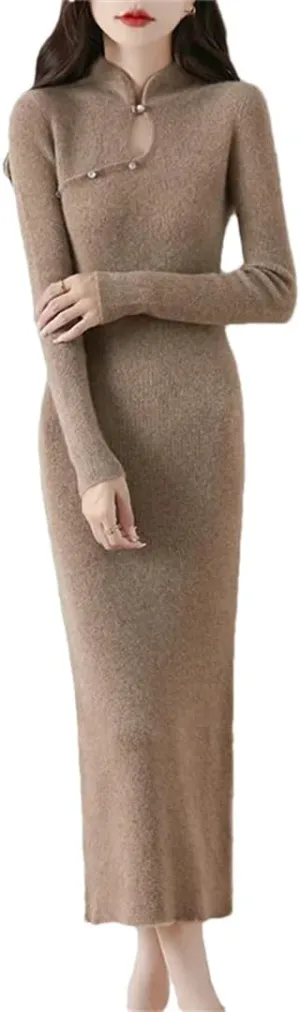 Women’S Wool Half High Collar Slim Knit Dress Sheath Mid-Calf Long Sweater Vintage Pullover