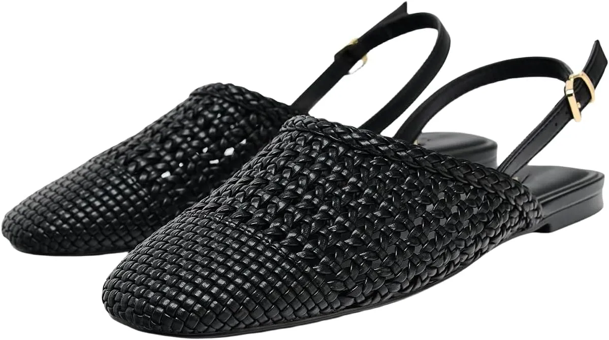 Womens Woven Slingback Flat Sandal Buckle Mesh Ballet Flat