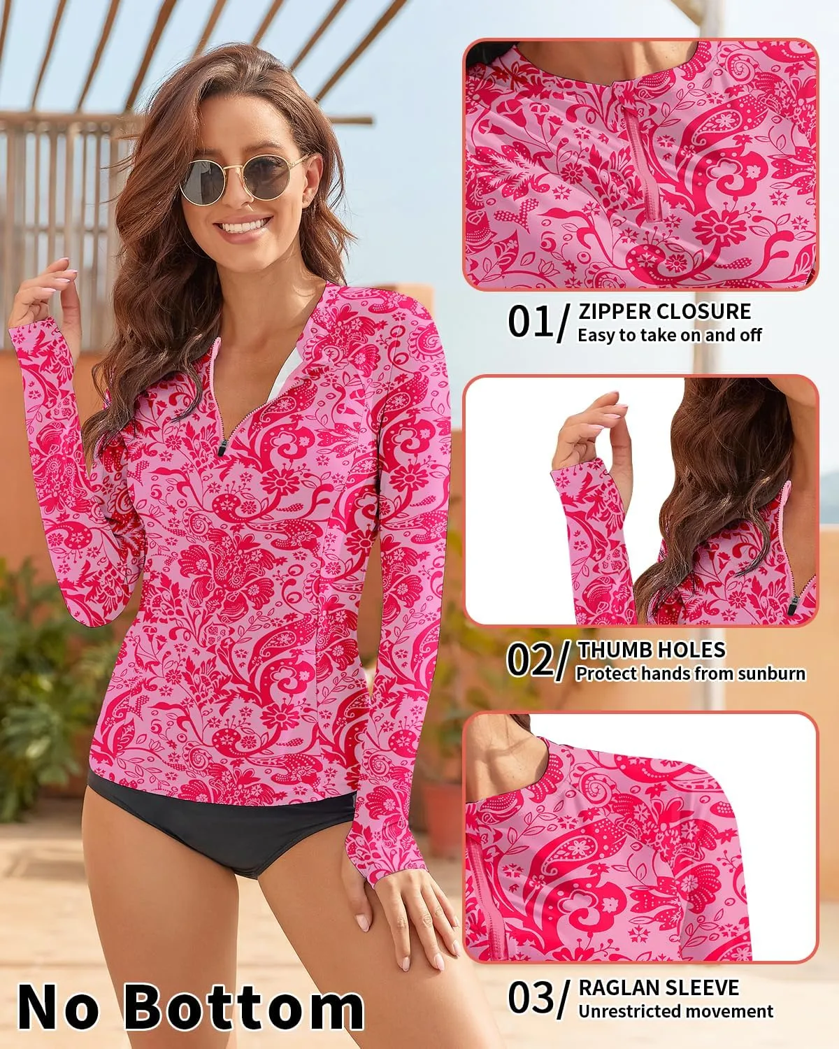 WOWENY Women Rash Guard Long Sleeve Swim Shirts UPF 50 Sun Protection Swimsuit Top Bathing Suit No Bottom