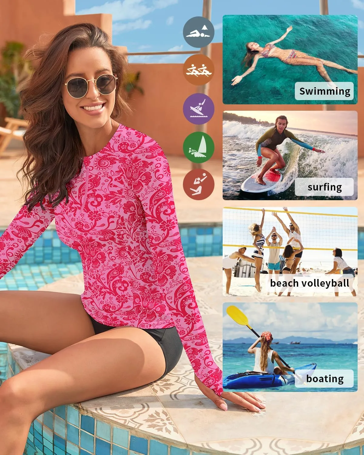 WOWENY Women Rash Guard Long Sleeve Swim Shirts UPF 50 Sun Protection Swimsuit Top Bathing Suit No Bottom