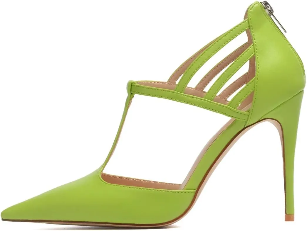 XYD High Stiletto Heels Pumps for Women T-strap Cut Out Pointed Toe Strappy Back Zip Office Lady Dress Party Sandal Shoes