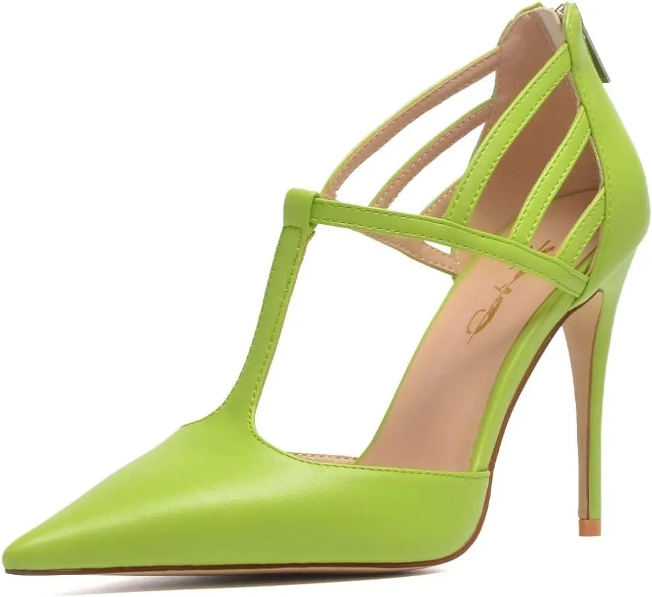 XYD High Stiletto Heels Pumps for Women T-strap Cut Out Pointed Toe Strappy Back Zip Office Lady Dress Party Sandal Shoes