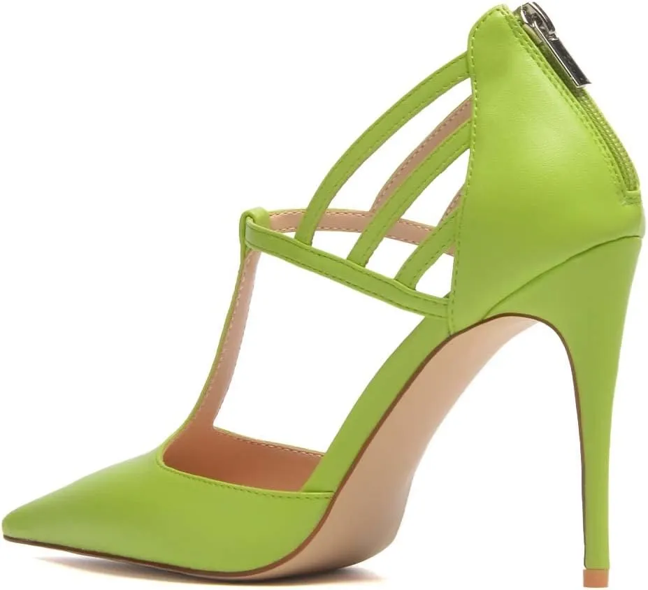 XYD High Stiletto Heels Pumps for Women T-strap Cut Out Pointed Toe Strappy Back Zip Office Lady Dress Party Sandal Shoes