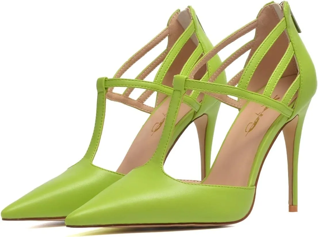 XYD High Stiletto Heels Pumps for Women T-strap Cut Out Pointed Toe Strappy Back Zip Office Lady Dress Party Sandal Shoes