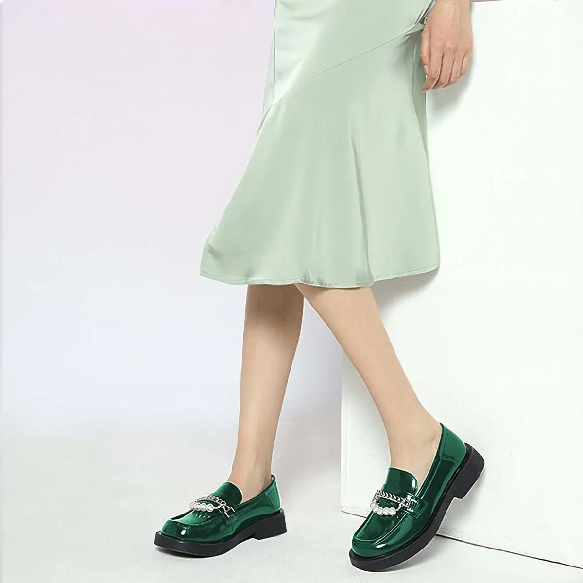 XYD Women Chic Platform Closed Square Toe Slip On Chains Pearl Loafer Patent Leather Low Chunky Heel Daily Walking Comfy Shoes