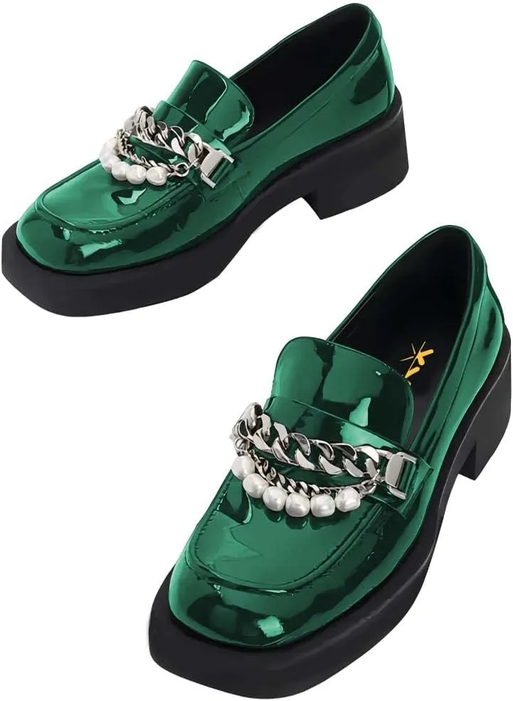 XYD Women Chic Platform Closed Square Toe Slip On Chains Pearl Loafer Patent Leather Low Chunky Heel Daily Walking Comfy Shoes
