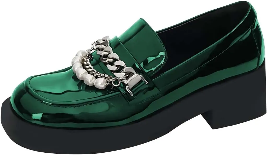 XYD Women Chic Platform Closed Square Toe Slip On Chains Pearl Loafer Patent Leather Low Chunky Heel Daily Walking Comfy Shoes
