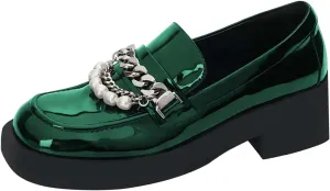XYD Women Chic Platform Closed Square Toe Slip On Chains Pearl Loafer Patent Leather Low Chunky Heel Daily Walking Comfy Shoes