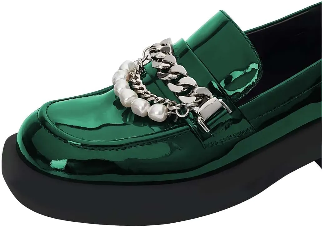 XYD Women Chic Platform Closed Square Toe Slip On Chains Pearl Loafer Patent Leather Low Chunky Heel Daily Walking Comfy Shoes