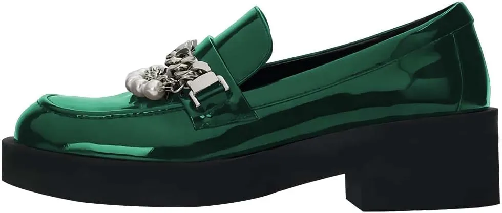 XYD Women Chic Platform Closed Square Toe Slip On Chains Pearl Loafer Patent Leather Low Chunky Heel Daily Walking Comfy Shoes