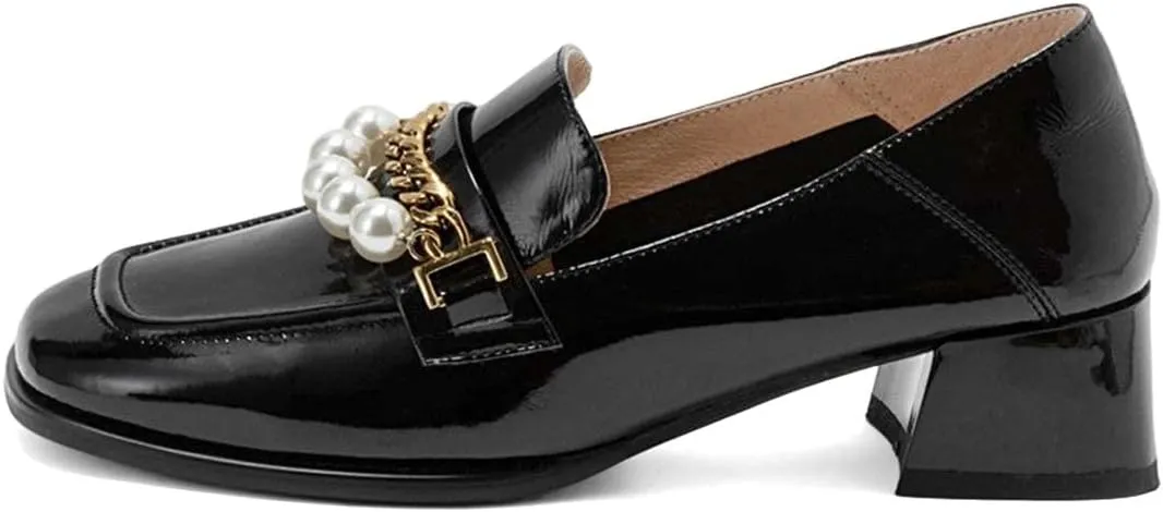 XYD Women Classic Closed Square Toe Golden Chain Pearl Loafer Low Chunky Heel Slip On Fall Daily Walking Comfy Shoes