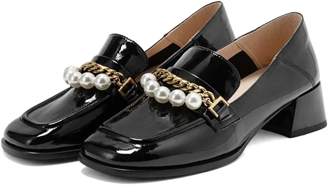 XYD Women Classic Closed Square Toe Golden Chain Pearl Loafer Low Chunky Heel Slip On Fall Daily Walking Comfy Shoes