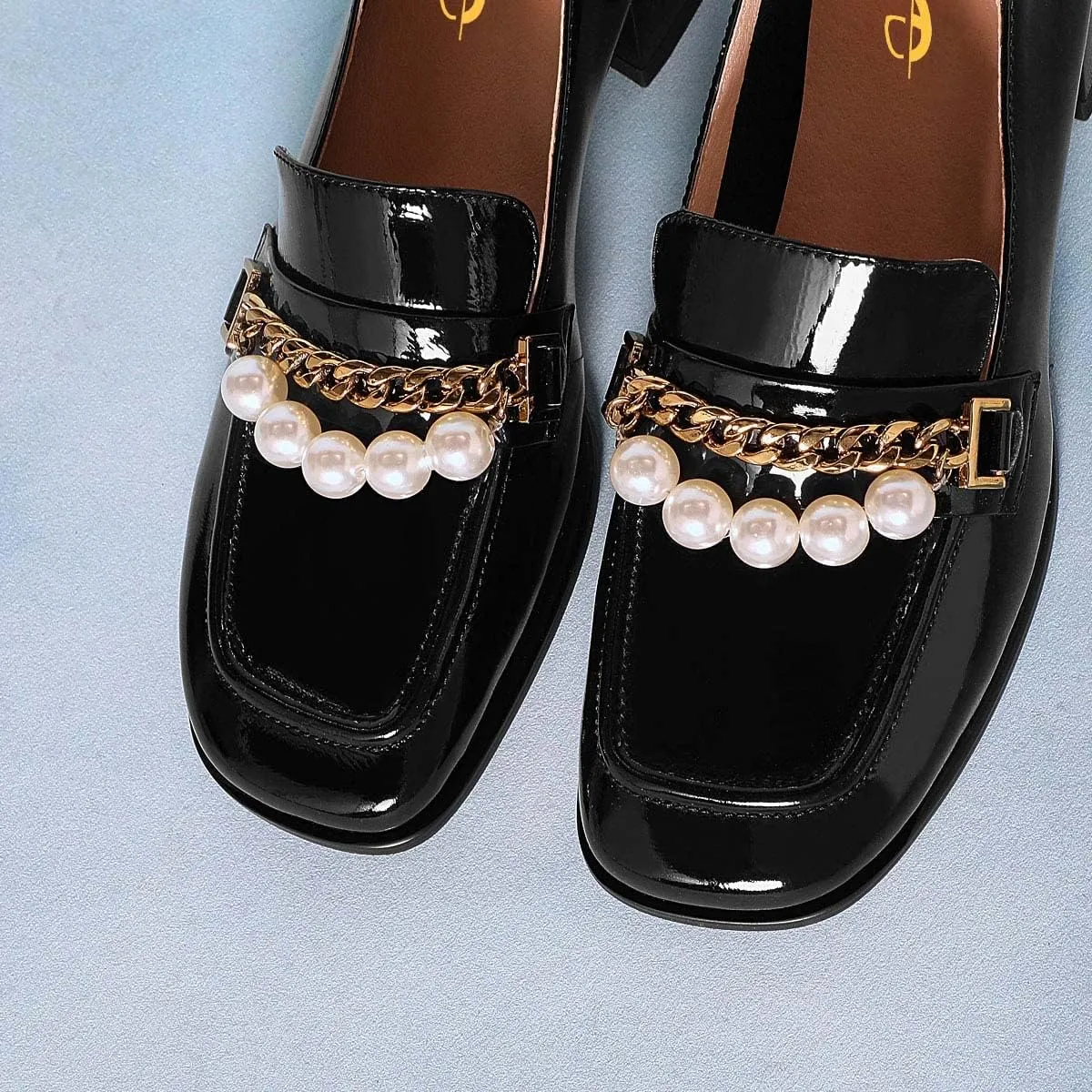 XYD Women Classic Closed Square Toe Golden Chain Pearl Loafer Low Chunky Heel Slip On Fall Daily Walking Comfy Shoes
