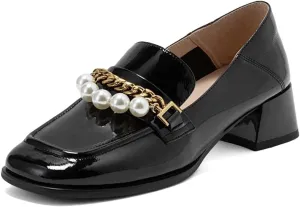 XYD Women Classic Closed Square Toe Golden Chain Pearl Loafer Low Chunky Heel Slip On Fall Daily Walking Comfy Shoes