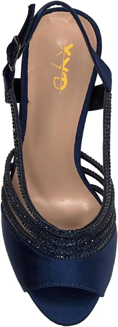 XYD Women Dance Ballroom Latin Jazz Sandals Open Almond Toe Slingback Mid Heels Crystal Rhinestones Strappy Sparkling Bridal Evening Party Pumps Shoes