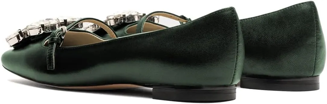 XYD Women Square Toe Mary Jane Flats Dazzled Rhinestones Crystals Buckled Slender Strap Casual Dressy Shoes