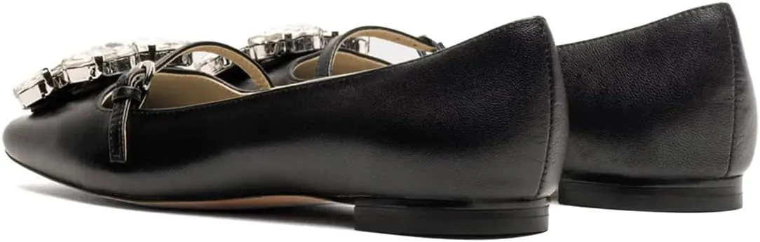 XYD Women Square Toe Mary Jane Flats Dazzled Rhinestones Crystals Buckled Slender Strap Casual Dressy Shoes