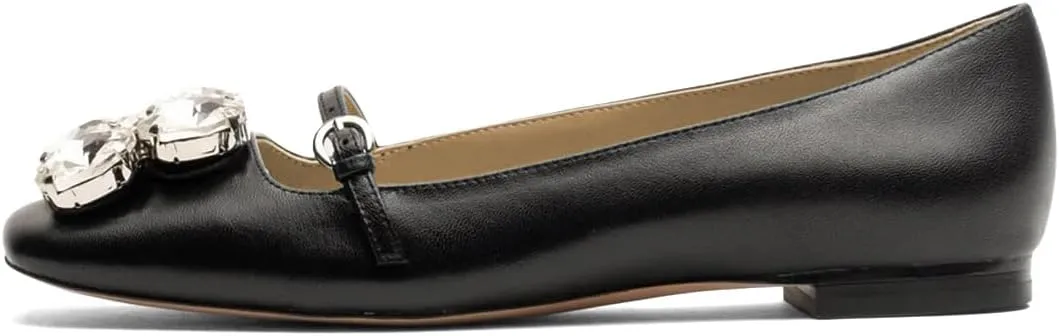 XYD Women Square Toe Mary Jane Flats Dazzled Rhinestones Crystals Buckled Slender Strap Casual Dressy Shoes