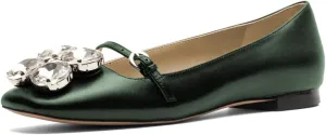 XYD Women Square Toe Mary Jane Flats Dazzled Rhinestones Crystals Buckled Slender Strap Casual Dressy Shoes