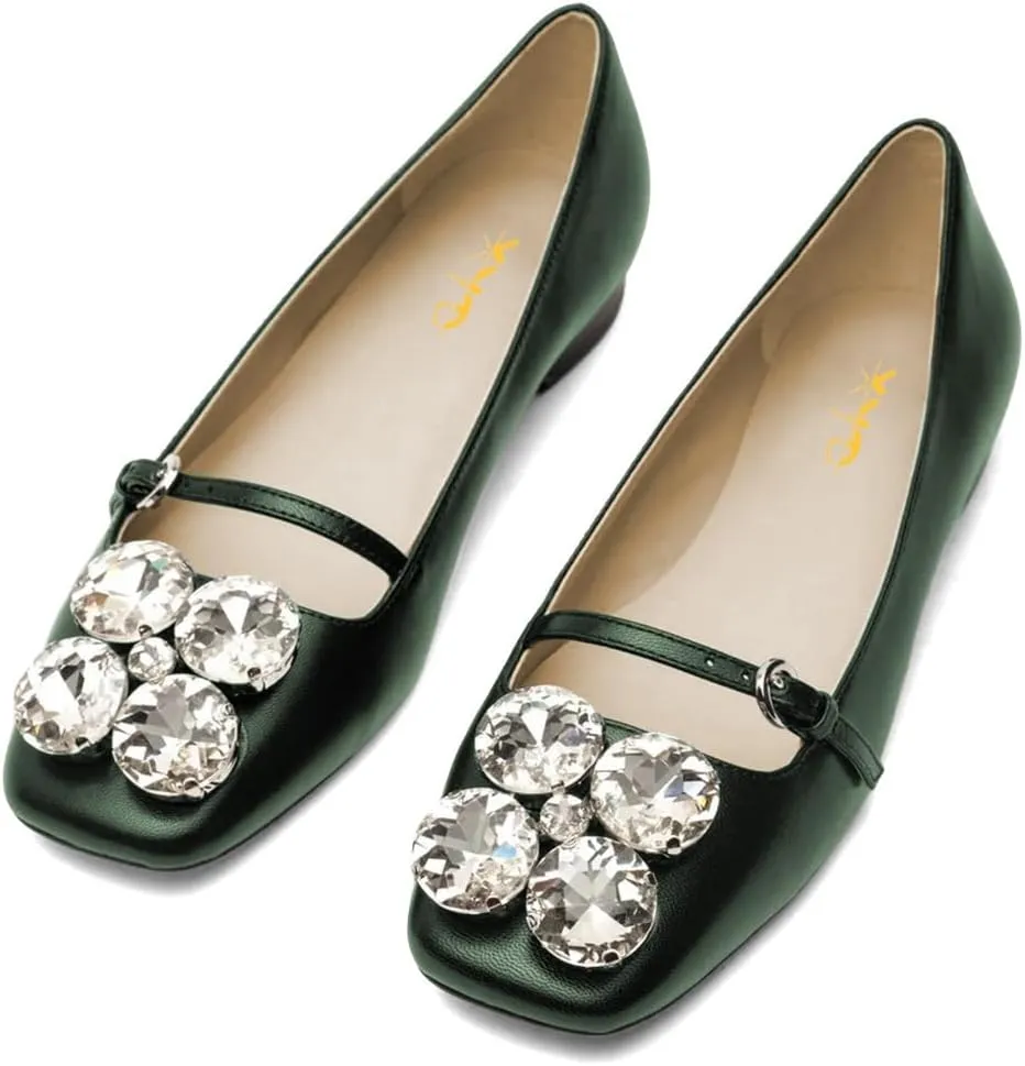 XYD Women Square Toe Mary Jane Flats Dazzled Rhinestones Crystals Buckled Slender Strap Casual Dressy Shoes