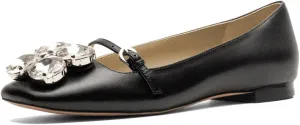 XYD Women Square Toe Mary Jane Flats Dazzled Rhinestones Crystals Buckled Slender Strap Casual Dressy Shoes