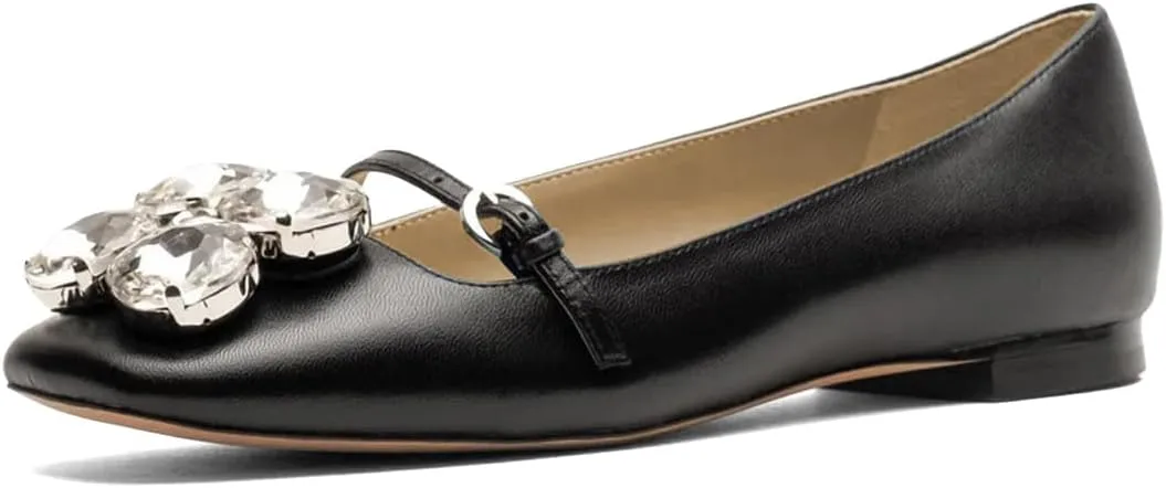 XYD Women Square Toe Mary Jane Flats Dazzled Rhinestones Crystals Buckled Slender Strap Casual Dressy Shoes